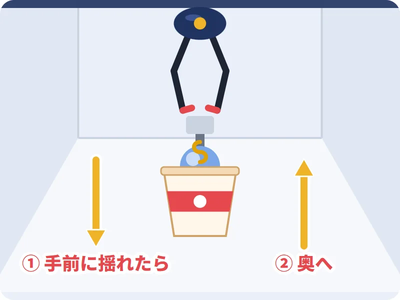 景品が手前に揺れているタイミングで上ボタンを押す