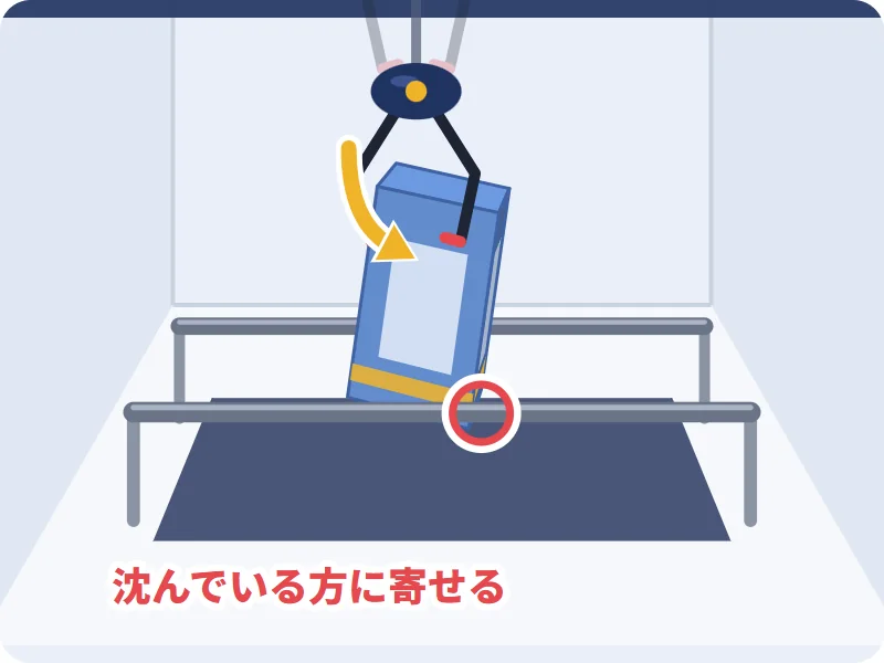 箱の下角が沈んでいる方・浮いている方に対してアームを寄せる